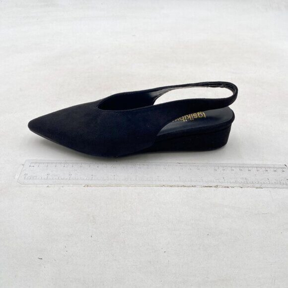 TGSIKIBW Black Pointed Toe Slingback Pumps Wedge Low Heel Slingback Slip On Shoe - Picture 2 of 8